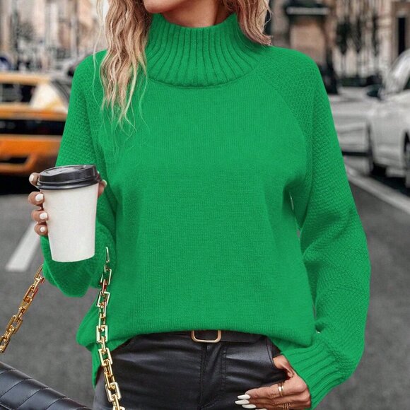 Green Casual Women's Turtleneck Pullover Sweater with Raglan Sleeve - Picture 3 of 8